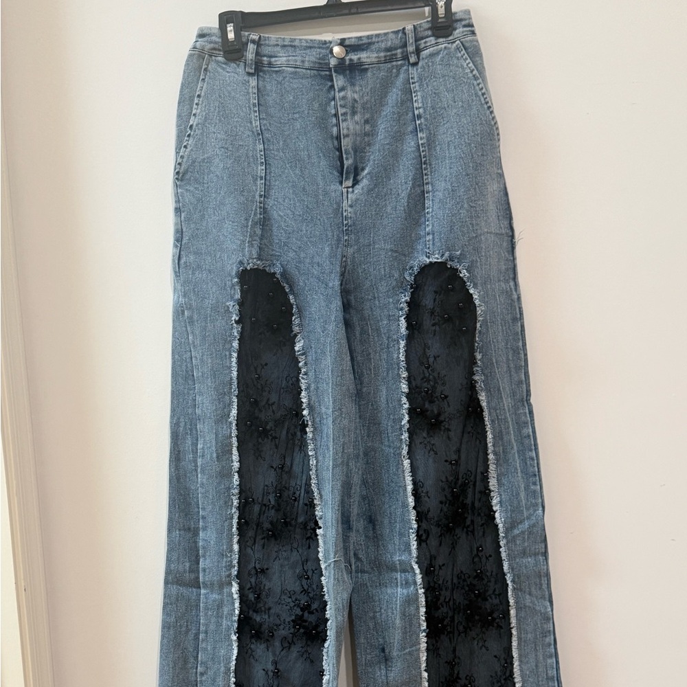 Pastel Clothing Blue and Black Barrel Flare Jeans with Hip Lace insert